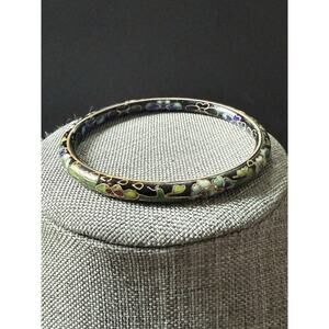 Vintage Cloisonné Bangle Bracelet Black Floral Stackable Asian Art To Wear